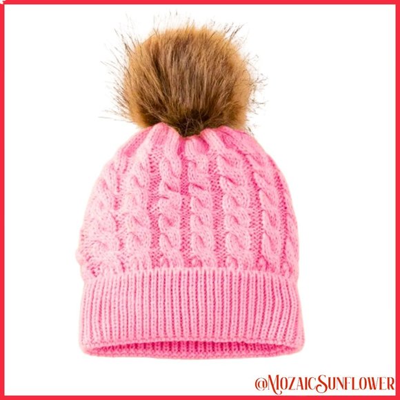 Toddler 2 Piece Hand Cable Knit Pink Hat Faux Fur Pom and Collar Scarf - Picture 4 of 4